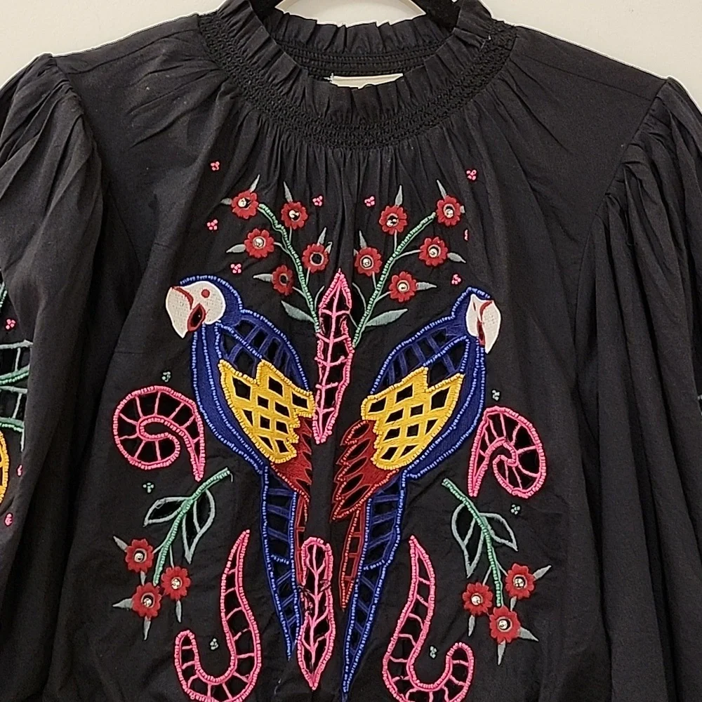 FarmRio Embroidered Puffsleeve  Black Dress Colorful Parrot Design Romantic Sz M - Picture 15 of 16